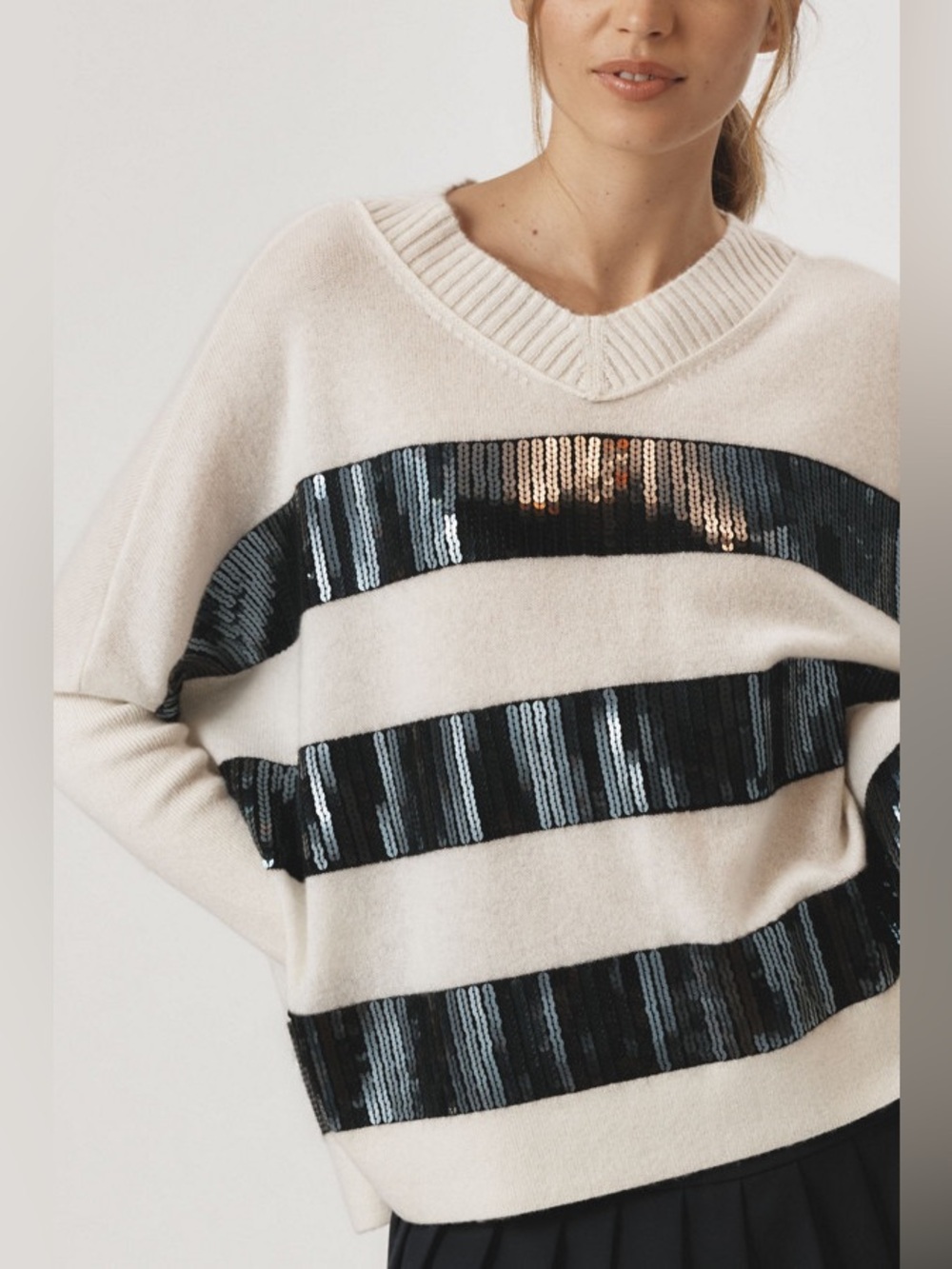 MP medium petite Anthropologie Maeve cashmere sequin stripe sweater cream black
